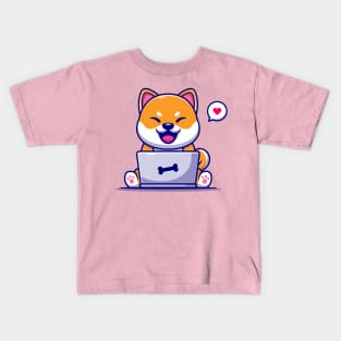 Cute Shiba Inu Dog Working On Laptop Cartoon Kids T-Shirt